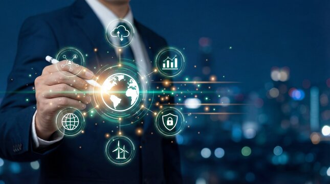 Businessman analyzing global sustainable business network with eco friendly icons - Powered by Adobe