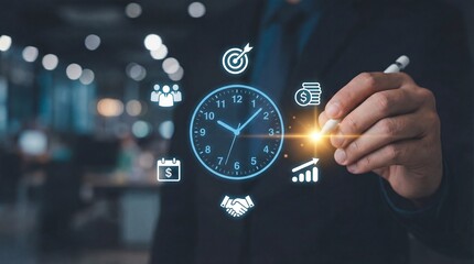 Time management and business efficiency concept with businessman drawing clock schema