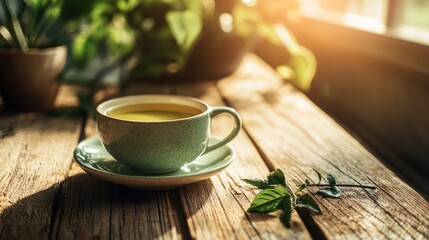 A green tea cup with a saucer sits on a wooden table