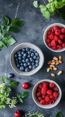 Three bowls of fruit on a table