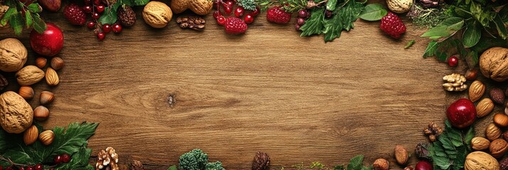 A wooden frame with a bunch of nuts and berries