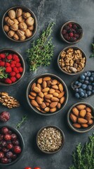 A bowl of nuts and berries is on a table