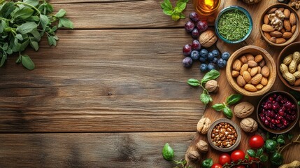 A wooden table with a variety of fruits and nuts
