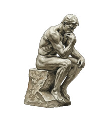 Watercolor illustration of a strong Caucasian male figure sculpture sitting on a rock in a deeply pensive thoughtful pose