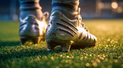 Rugby boots on the grass under the stadium floodlights, practicing technique, preparing for a match, the atmosphere of a night training session, details of the sporting action