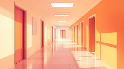 A hallway with orange walls and white doors