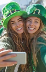 Two women taking a selfie in green hats at St Patricks Day