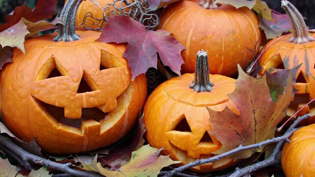 Festive Halloween pumpkins with carved faces surrounded by colorful autumn leaves.