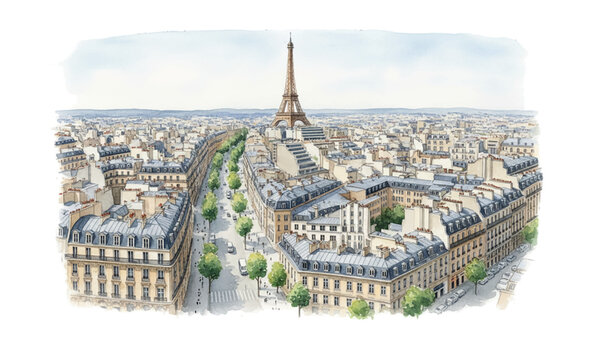 Panoramic watercolor illustration of Paris cityscape featuring Eiffel Tower surrounded by classic buildings and green tree lined streets