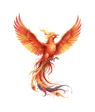 Majestic fiery phoenix bird with vibrant red orange wings soaring upward in a powerful pose