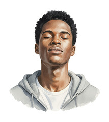 Obraz premium Peaceful Black man closing eyes in a grey hoodie meditating with a serene calm expression watercolor illustration