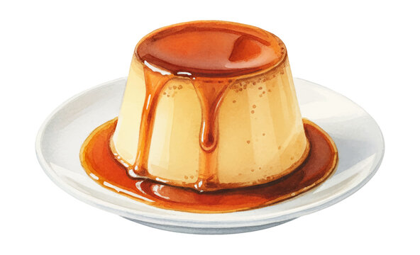 Creamy custard pudding with sweet golden caramel sauce dripping down isolated on a white background watercolor illustration