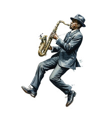 Naklejka premium African American Man Playing Saxophone Energetically in Suit and Fedora Hat Joyful Dynamic Pose