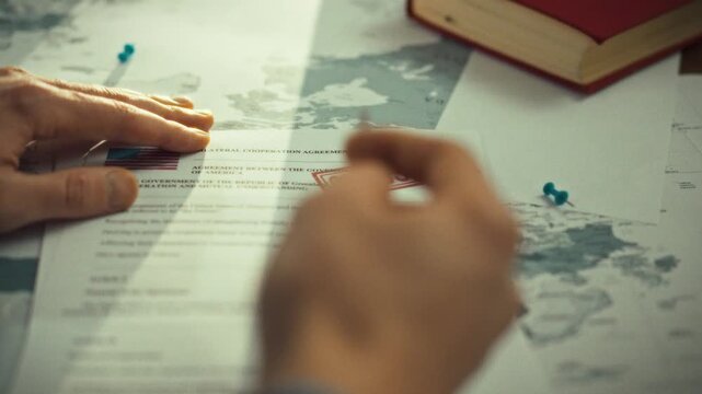 A male government official scrutinizes a confidential document bearing a security stamp indicating its classified status, stored under a strict regime, within a secure archive