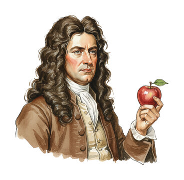 Sir Isaac Newton a contemplative European man with long curly hair holding a red apple