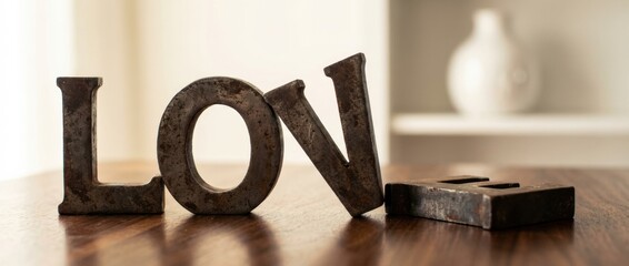 Rusty metal letters spelling the word love with the final E fallen over on a dark wooden table, symbolizing heartbreak or a difficult relationship