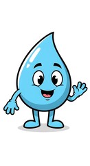 Cheerful Cartoon Water Droplet Character Waving Hello with Friendly Expression.