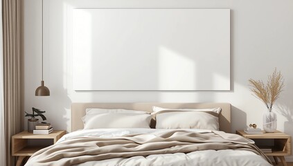 Mockup poster on white wall with a cozy bed, white background, 3d render, 3d illustration