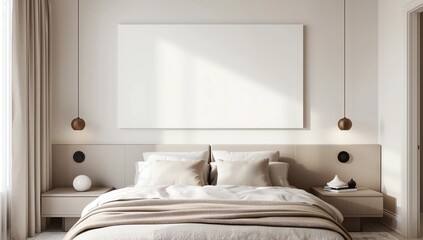 Mockup poster on white wall with a cozy bed, white background, 3d render, 3d illustration