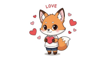 Obraz premium Adorable Cartoon Fox Holding Heart, Surrounded by Love Hearts, White Background.