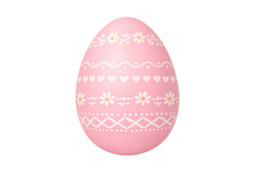 Pink easter egg decorated with spring floral patterns, hearts, celebrating religious holiday, transparent background