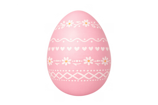 Pink easter egg decorated with spring floral patterns, hearts, celebrating religious holiday, transparent background - Powered by Adobe