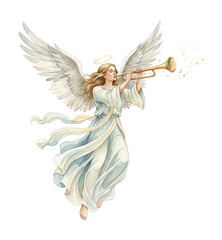 Fototapeta premium Beautiful Angel Woman Playing a Golden Trumpet with Serene Expression in a Divine Watercolor Illustration