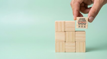 hand placing wooden block with business team on top of stack