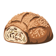 Whole wheat bread with seeds isolated on white background, Vector, illustration