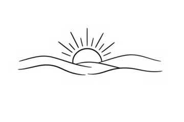 Linear sun rising over ocean waves outline icon, drawing sunrise over water, minimalist nature landscape symbol