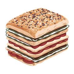 Delicious layered sandwich with sesame seeds isolated on white background, Vector, illustration