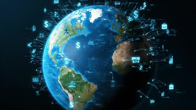 Global business network concept with glowing icons around the Earth, symbolizing international finance.