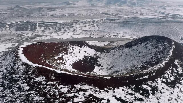 Meke Crater Lake in Snowy Weather &ndash; Aerial Drone View