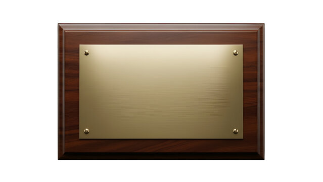 Dignified blank plaque of polished dark wood with reflective gold plate, isolated on transparent background. Perfect for awards, corporate recognition, memorial designs, achievements, graduations,