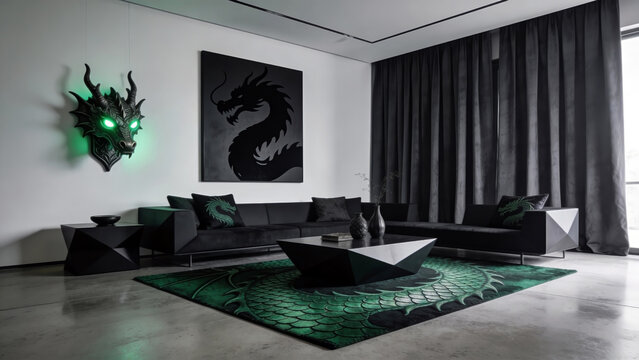 Sleek dark modern living room with emerald green dragon accents, glowing dragon head sculpture, scale-pattern rug, and geometric black furniture
