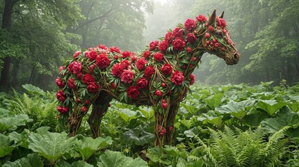 Floral Equine Elegance: An enchanting horse sculpture, artfully adorned with vibrant red flowers, stands amidst a lush, green forest, creating a surreal and captivating scene.