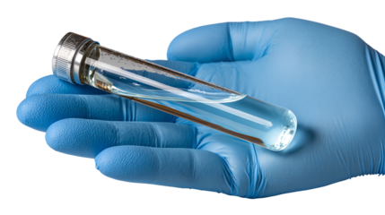 Science Experiment in Hand: A gloved hand delicately cradles a glass vial containing a clear liquid, symbolizing scientific exploration and medical advancement.