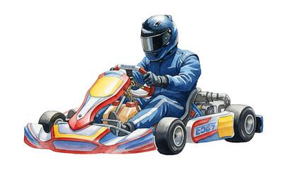 Focused go kart racer in blue suit and helmet drives a vibrant kart on a track watercolor painting