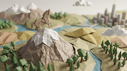 Origami Horse in a Landscape:  A handcrafted origami horse poised triumphantly atop a paper mountain, within a stunning origami landscape, evokes a sense of adventure.