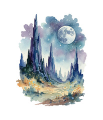 Obraz premium Mystical watercolor fantasy landscape featuring jagged rock formations a glowing full moon and a starry night sky