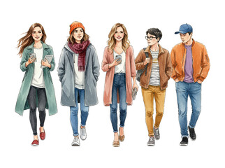 Fototapeta premium Diverse young people walking together with happy expressions in modern autumn fashion holding mobile phones
