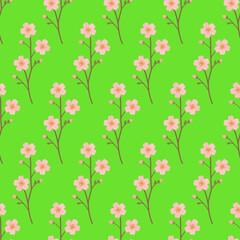 Sakura flowers create seamless pattern on bright green background, sakura branches repeat evenly for wallpaper, textile, surface design projects.