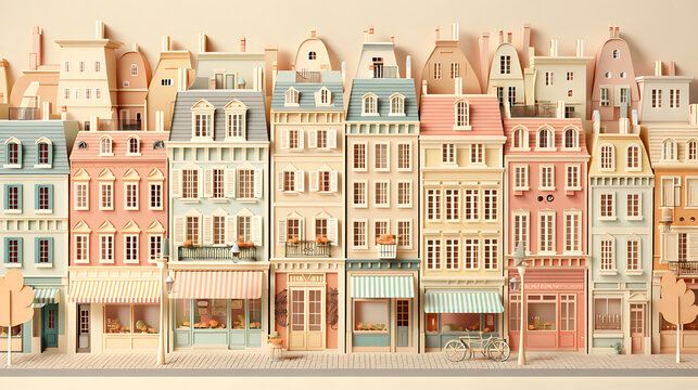 パステルカラーのヨーロッパの街並みと建物を表現したペーパークラフト風の3Dイラスト
