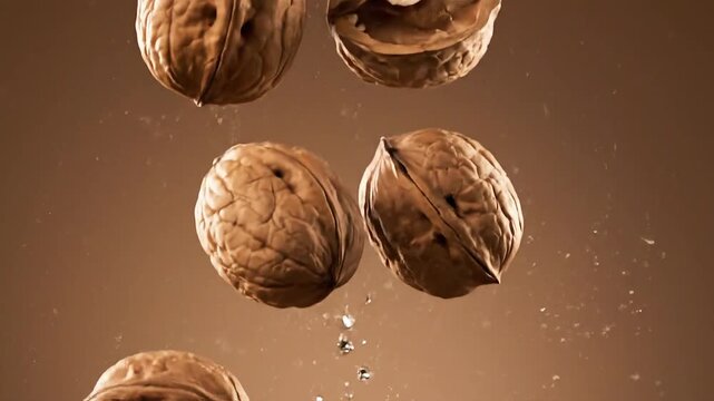 Whole and halved walnuts falling in slow motion against a warm brown background.