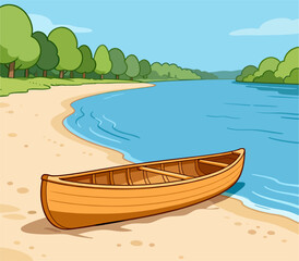 Cartoon Wooden Canoe on Sandy Riverbank with Forest Landscape © Gian