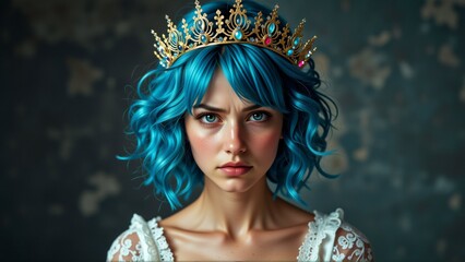 portrait young woman blue hair she wearing gold crown intricate details jewels woman has serious expression her face looking directly camera background dark blue floral pattern overall mood dramatic