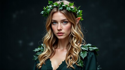portrait young woman long blonde hair wreath green leaves her head she wearing dark green dress plunging neckline looking directly camera serious expression background black making woman wreath stand