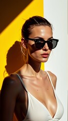 Fototapeta premium portrait young woman wearing white bikini top black sunglasses she standing front yellow white background shadow cast wall behind her woman looking directly camera serious expression her face her