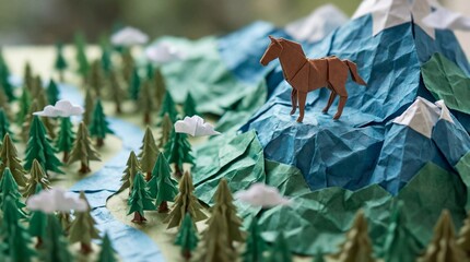 Paper Horse in Origami Mountain: A meticulously crafted origami horse stands atop a paper mountain, its delicate form silhouetted against a backdrop of trees, rivers and clouds.
