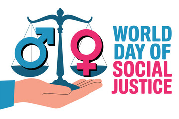 A hand holding a scale with male and female symbols on World Day of Social Justice